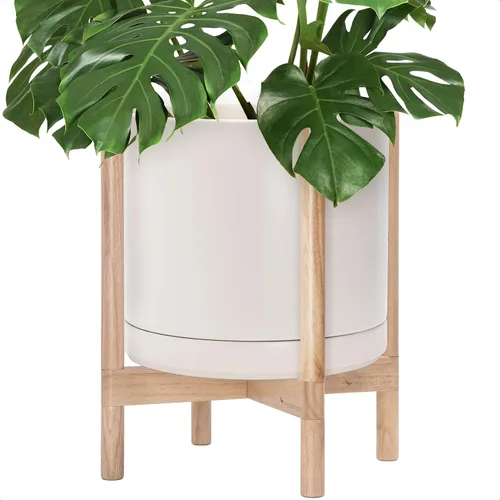 Miniatura 24 de D'vine Dev Maceta de cerámica con soporte de ébano – Maceta redonda moderna de 8 pulgadas con soporte para maceta de madera, color negro, 55-B-M-2
