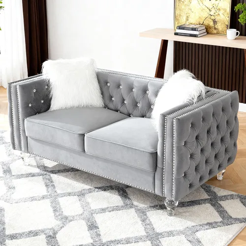Chesterfield - Sofá biplaza de lujo con patas acrílicas, sofás de 2 plazas, moderno de 59.84 pulgadas, con botones de diamante copetudo, con ribete