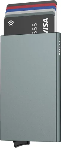 Miniatura 16 de VULKIT - Cartera desplegable, tarjetero delgado y minimalista para hombres y mujeres con bloqueo RFID, mini estuche de metal, Verde esmeralda, S