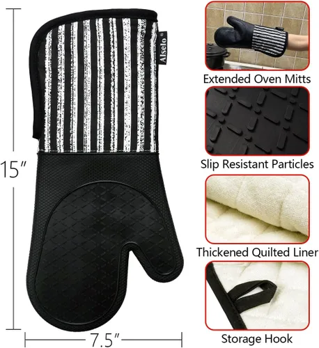 Miniatura 3 de Alselo Guantes de horno de silicona resistentes al calor 932 ℉ con guantes de cocina impermeables y antideslizantes, juego de 2 guantes de horno