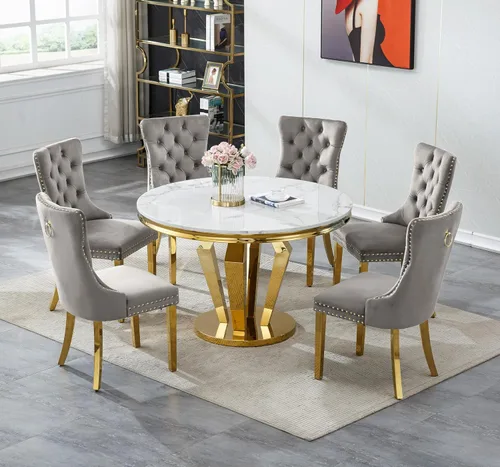 Miniatura 20 de Henf Juego de mesa de comedor redonda de mármol para 6, moderna mesa de comedor de 45 pulgadas con base de acero inoxidable con diseño de diamante