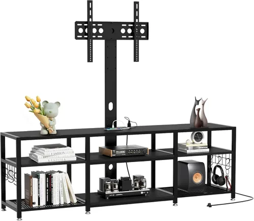 Miniatura 11 de VECELO Soporte de TV industrial para gabinete de televisión de 70 pulgadas, consola de 3 niveles con estantes de almacenamiento abiertos, marco