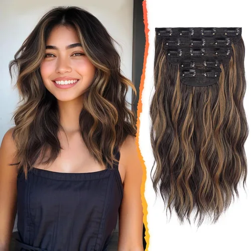 Miniatura 40 de BARSDAR Extensiones de cabello ondulado con clip, color marrón chocolate oscuro, extensiones de cabello con clip de 20 pulgadas para mujer, 5 piezas