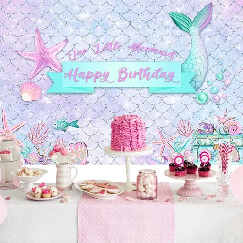 Miniatura 2 de Mocsicka Telón de fondo de sirena de cumpleaños con purpurina púrpura bajo el mar, decoración de fondo para fiesta de cumpleaños para niñas, conchas