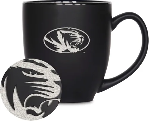 Miniatura 316 de Rico Industries - Taza de cerámica mate negra con grabado láser estándar de 15oz para NCAA (escuelas T & U) - Para bebidas calientes o frías