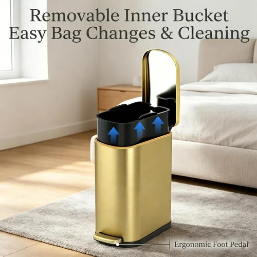 Miniatura 5 de ELPHECO Basurero de baño con tapa de cierre suave, 3.5 galones / 13.5 litros de acero inoxidable con cubo interior extraíble, papelera para baño