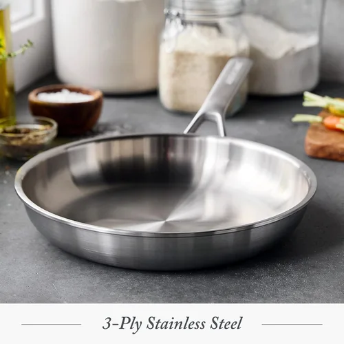 Miniatura 2 de Merten & Storck Sartén de acero inoxidable de tres capas de 10 pulgadas, cocina profesional, revestimiento múltiple, se calienta uniformemente