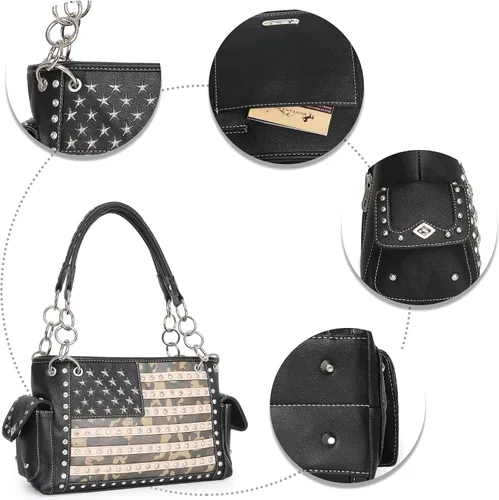 Miniatura 5 de Montana West Bolso patriótico con tachuelas para mujer, bolso de mano con bandera estadounidense y bolso cruzado