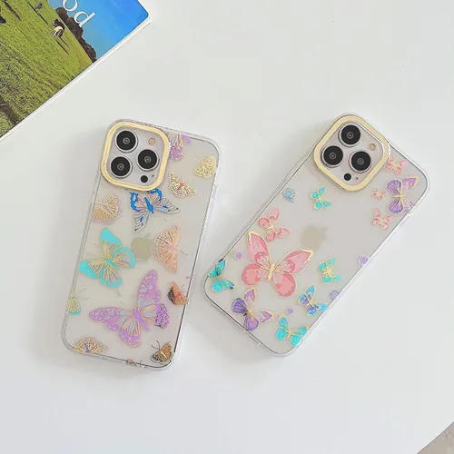Miniatura 4 de Funda transparente con chispas brillantes para iPhone 15 Pro Max para mujeres y niñas, patrón de mariposas doradas, rosa y azul, funda protectora