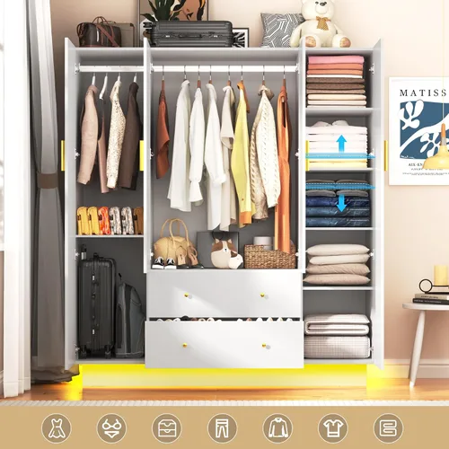 Miniatura 3 de Armario de 4 puertas con espejo, armario LED con puertas y cajones, armario de almacenamiento de madera con barra para colgar, estantes ajustables