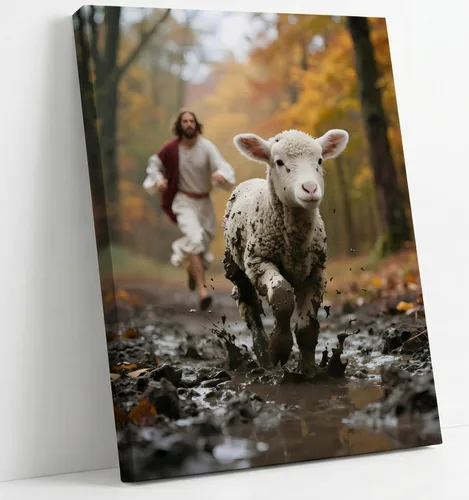 Lienzo de Jesús corriendo tras cordero perdido, arte de pared de Jesús y cordero, póster de buen pastor cristiano, arte impreso para sala de Oveja