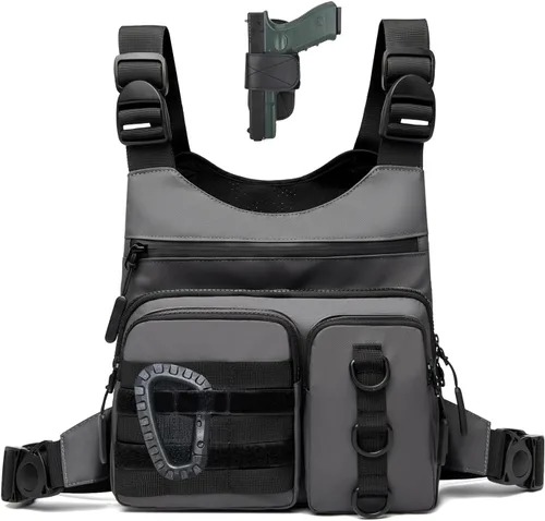Miniatura 9 de Criuage Bolsa de pecho al aire libre para hombres, chaleco ligero y ajustable, resistente al agua, paquete de pecho EDC con bolsillo para botella