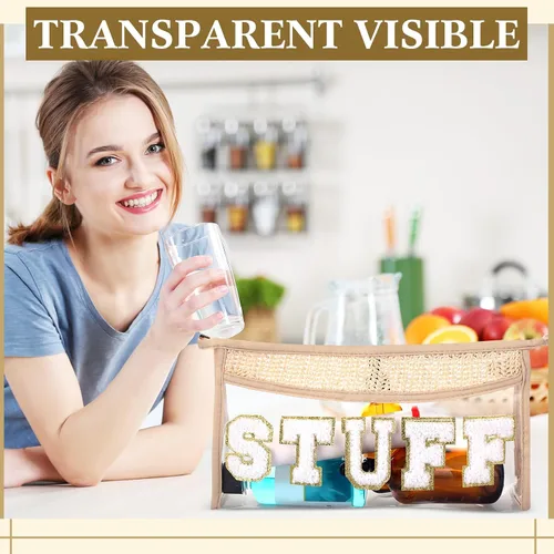 Miniatura 6 de Sanwuta Juego de 4 bolsas de maquillaje de parches de preparación – Diseño de letras de chenilla transparente – Nylon impermeable y TPU