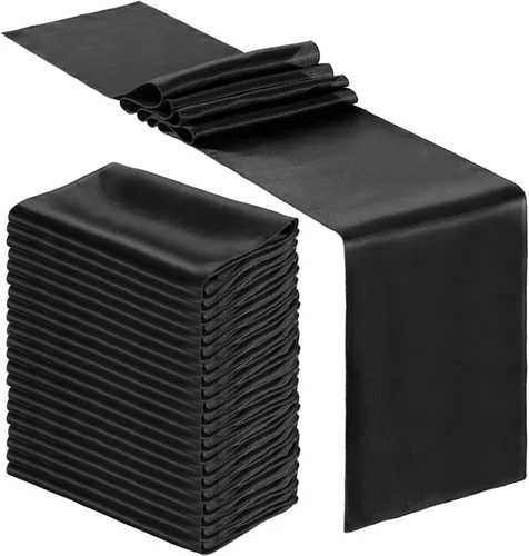 Bencailor 12 caminos de mesa de satén negro a granel de 12 x 108 pulgadas de largo, mantel de tela suave brillante para banquete de boda,