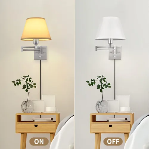 Miniatura 5 de TRLIFE Aplique de pared enchufable, juego de 2 lámparas de pared regulables con brazo oscilante de níquel cepillado, cable de enchufe y interruptor