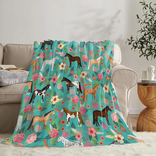 Miniatura 2 de Manta con estampado de caballos, con patrón de caballos y flores, para niñas, niños y adultos, súper cálida, suave y acogedora, manta de franela