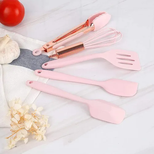 Miniatura 9 de Collfa Juego de cinco piezas de utensilios de cocina pequeños en color oro rosa y rosa, herramientas de cocina de silicona mini para niños, incluye