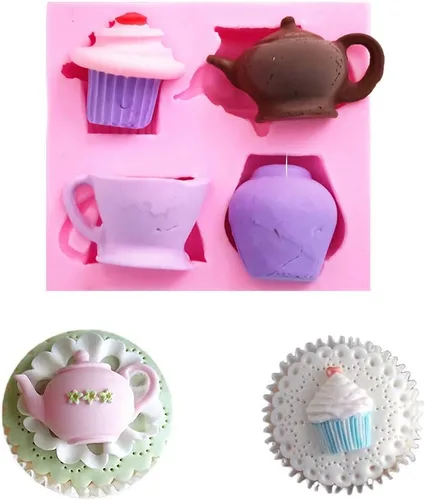 Tetera taza forma magdalena té de la tarde molde de silicona azúcar chocolate caramelo fondant pastel cupcakes decoración herramienta polímero