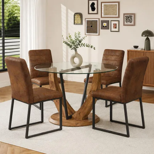 5-Piece Round Glass Dining Table Set for 4, 48” Modern Dining Room Table with Wood Grain Base, Brown Suede Upholstered Chairs with Black Metal Legs