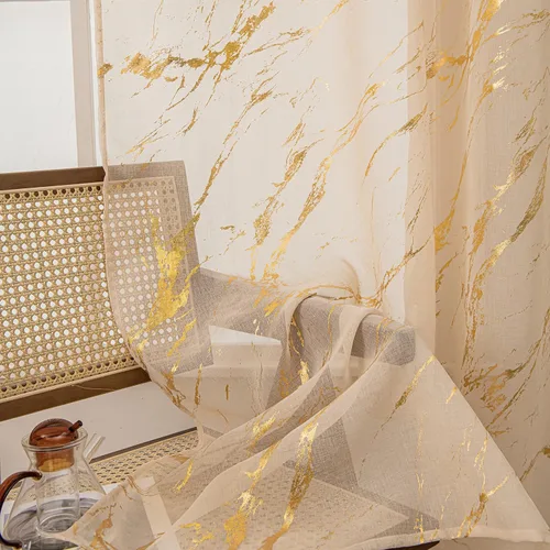 Miniatura 7 de Cortinas Transparentes Beige con Estampado de Lámina de Mármol Dorado de 63 Pulgadas de Largo para Cuarto de Bebé, Paneles de Ventana con Bolsillo