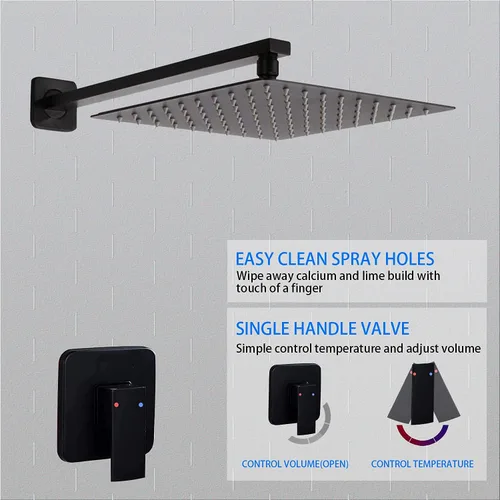 Miniatura 4 de Grifo de ducha negro mate de una sola función con válvula áspera, sistema de grifo de ducha de lluvia de baño, cabezal de ducha cuadrado de acero