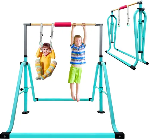 Miniatura 8 de GLANT Barra de gimnasia para niños con juego de anillos, 7 alturas ajustables, fácil de plegar, barra de entrenamiento de gimnasia para niños