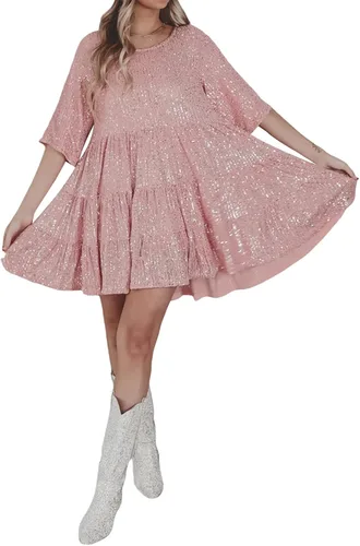 Miniatura 3 de Vestido de lentejuelas brillantes para mujer, cuello redondo, manga corta, color sólido, suelto, con purpurina, vestido de muñeca de bebé, fiesta