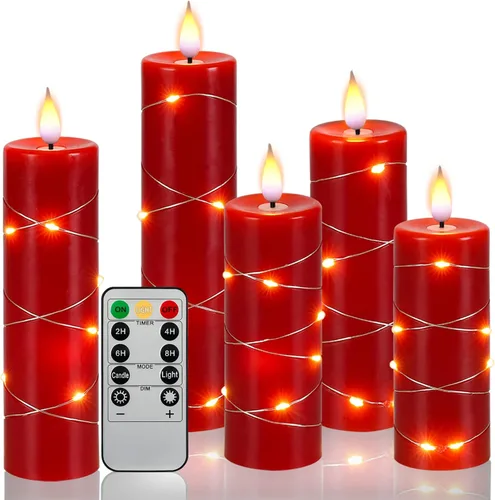 Miniatura 8 de Velas rojas sin llama con tira de luces, funciona con pilas, velas LED de pilar de 4, 5, 6 pulgadas, con control remoto, juego de 3 velas falsas