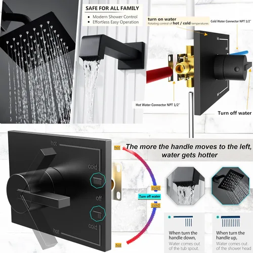 Miniatura 8 de SOOOHOT Accesorios de ducha, juego de grifo de ducha negro con cabezal de ducha negro mate de 6 pulgadas y boquilla de bañera, cabezal de ducha