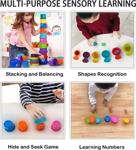 Miniatura 5 de Juego de 17 tazas de anidación y apilamiento multicolor, juguetes de bañera para bebés, juguetes educativos de aprendizaje temprano para bebés
