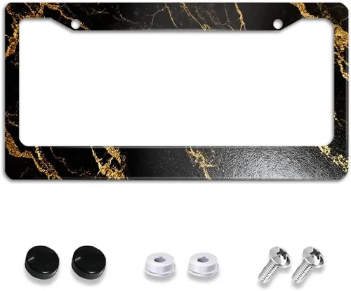 Miniatura 10 de Paquete de 2 marcos de matrícula de mármol dorado, accesorios de automóvil, marco de aluminio negro y blanco con 4 agujeros para tornillos, novedad