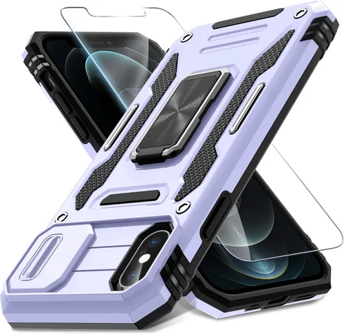 Miniatura 346 de DEERLAMN Funda para iPhone Xs Max con funda deslizante para cámara + protector de pantalla, soporte giratorio de anillo de grado militar a prueba