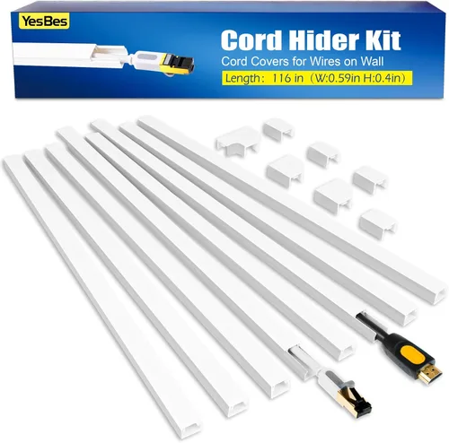 YesBes Kit de ocultador de cable de 116 pulgadas, cubiertas de cable para cables en la pared, protector de cable para TV de montaje en pared,