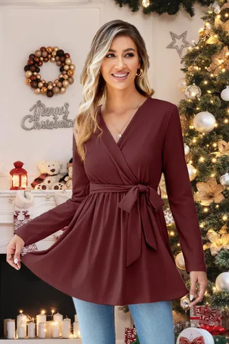 Miniatura 2 de OUGES Túnicas de maternidad para mujer, camisas de manga larga, cuello en V, ropa de maternidad de enfermería, blusa casual de embarazo