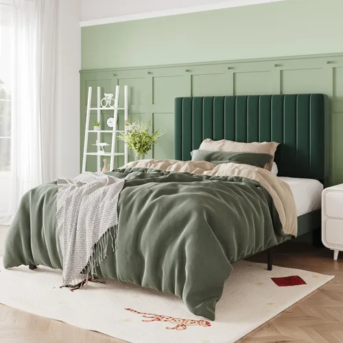 Miniatura 22 de Allewie - Base de cama tamaño King con cabecera acolchada tapizada en terciopelo y diseño acanalado vertical ajustable; plataforma de cama con base