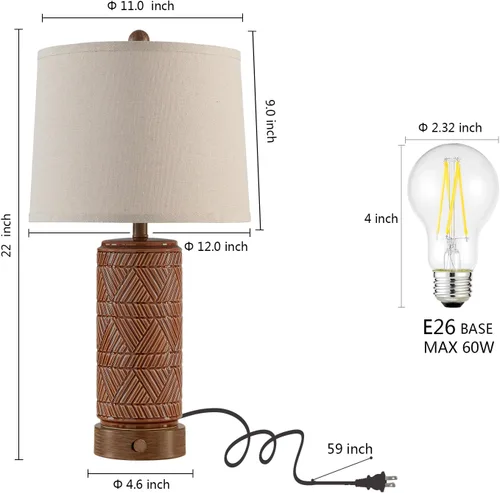 Miniatura 6 de RORIA Juego de 2 lámparas de mesa vintage táctiles para sala de estar, lámpara de mesita de noche regulable de 3 vías con 2 puertos USB, lámparas