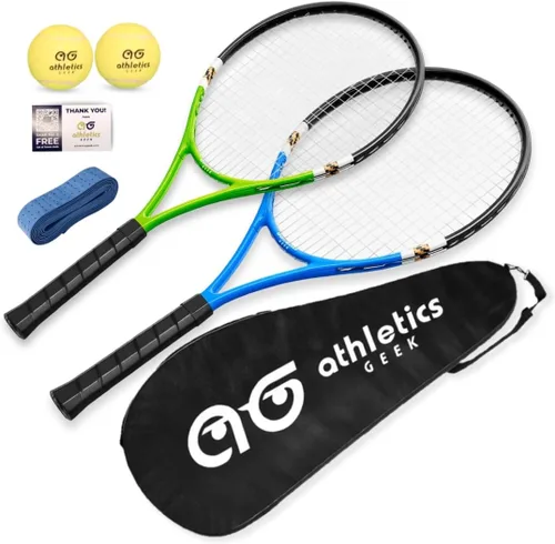 Raquetas de tenis para 2 jugadores, paquete variado de dos colores con 2 pelotas de tenis, cinta de agarre, tarjetas de oferta y bolsa de