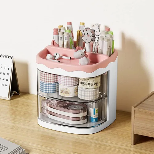 Miniatura 8 de Portalápices, organizador de bolígrafos, soporte para lápices para escritorio, organizador de escritorio con cajón para la escuela, el hogar, Azul