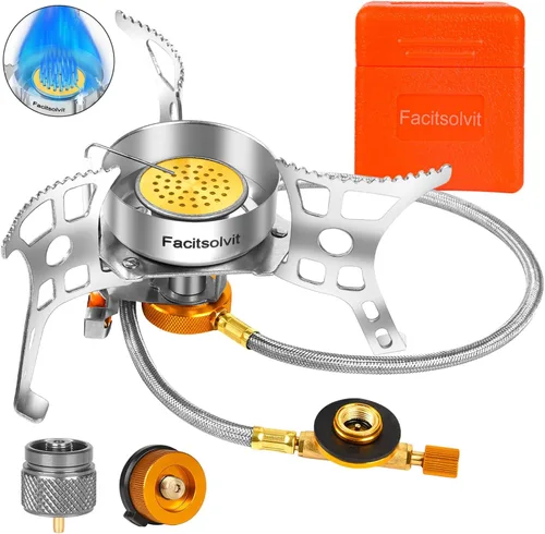Miniatura 12 de Estufa de gas de campamento resistente al viento de 9900 W, estufa de camping portátil con encendido piezoeléctrico, adaptador de tanque de propano