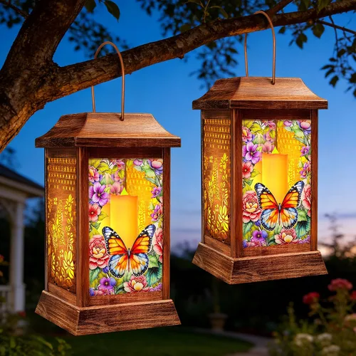 Miniatura 9 de Linternas solares de mariposa al aire libre impermeables, luces colgantes de metal y vidrio para decoración de jardín, regalos de cumpleaños