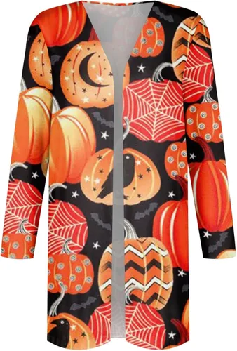 Miniatura 4 de ZEFOTIM Cárdigans de Halloween para mujer, con estampado de murciélago y calabaza, frente abierto, ligero, lindas y divertidas camisas
