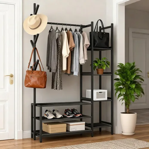Miniatura 7 de Organizador de armario independiente 4 en 1 con perchero y zapatero y 5 estantes laterales, perchero de madera resistente para colgar ropa, armario