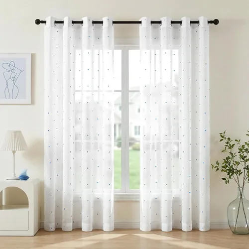 Deconovo Cortinas traslúcidas blancas bordadas para dormitorio, con ojales en la parte superior, juego de 2, 52 pulgadas de ancho x 84 pulgadas de