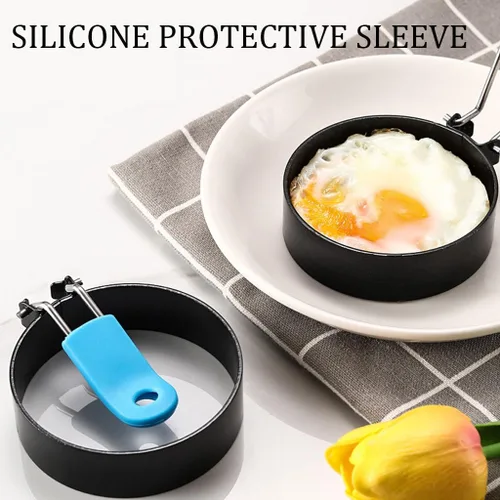 Miniatura 3 de Juego de 2 anillos de huevo de 3.3 pulgadas de acero inoxidable antiadherente con mango de silicona, molde redondo para panqueques de huevo, molde