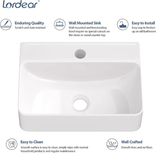 Miniatura 4 de Lordear Fregadero pequeño montado en la pared, fregadero de baño de esquina flotante para colgar en la pared, lavabo de cerámica blanca brillante