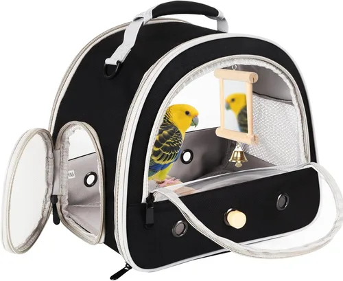Miniatura 10 de Jaula portátil de viaje para loros con juguete pequeño oscilante y jaula, juego de juguetes coloridos para pájaros pequeños, bolsa de periquito