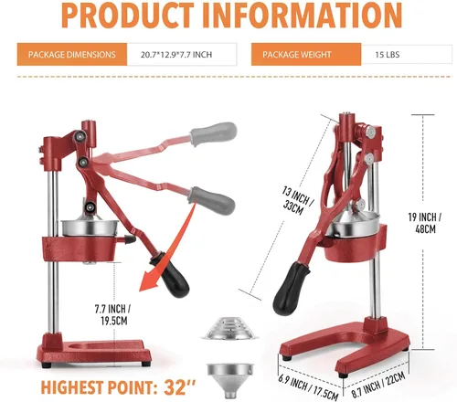 Miniatura 7 de Prensa manual de 19 pulgadas de altura extra alta comercial de hierro fundido de servicio pesado, exprimidor de jugo de frutas manual de cítricos