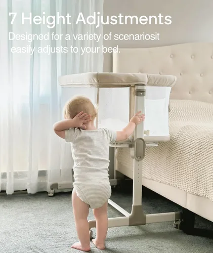 Miniatura 4 de Fodoss Cuna para Bebé al Lado de la Cama - Cuna con Malla Completa al Lado de la Cama con Ruedas, Cuna para Bebé Ajustable en 7 Alturas