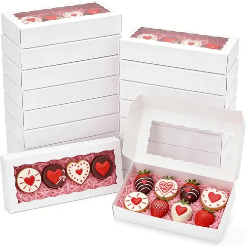 Miniatura 9 de XINHPKGG 5 cajas de galletas con ventana: cajas de panadería de 12 x 5 x 1.5 pulgadas, cajas de golosinas, cajas de fresas cubiertas de chocolate