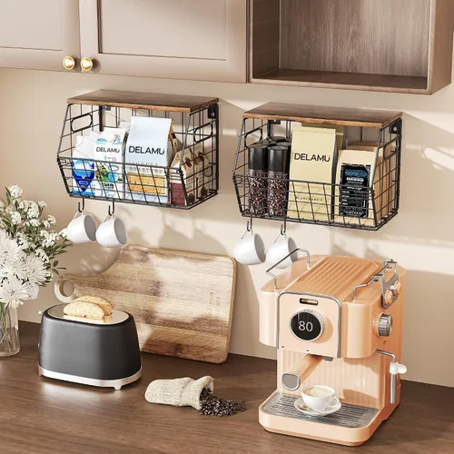Miniatura 6 de Delamu Cesta de frutas apilable de metal con tapa de madera, paquete de 2, organizador de pared colgante para encimera de cocina, almacenamiento